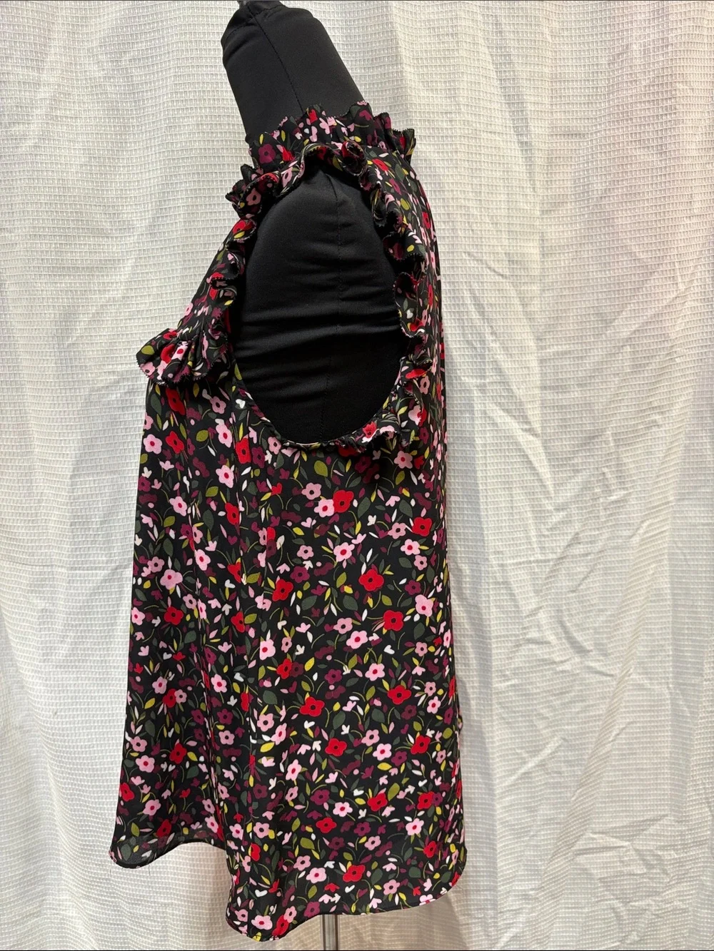 kate spade Black Floral Ruffle-Yoke Dress with Pink and Red Blooms
